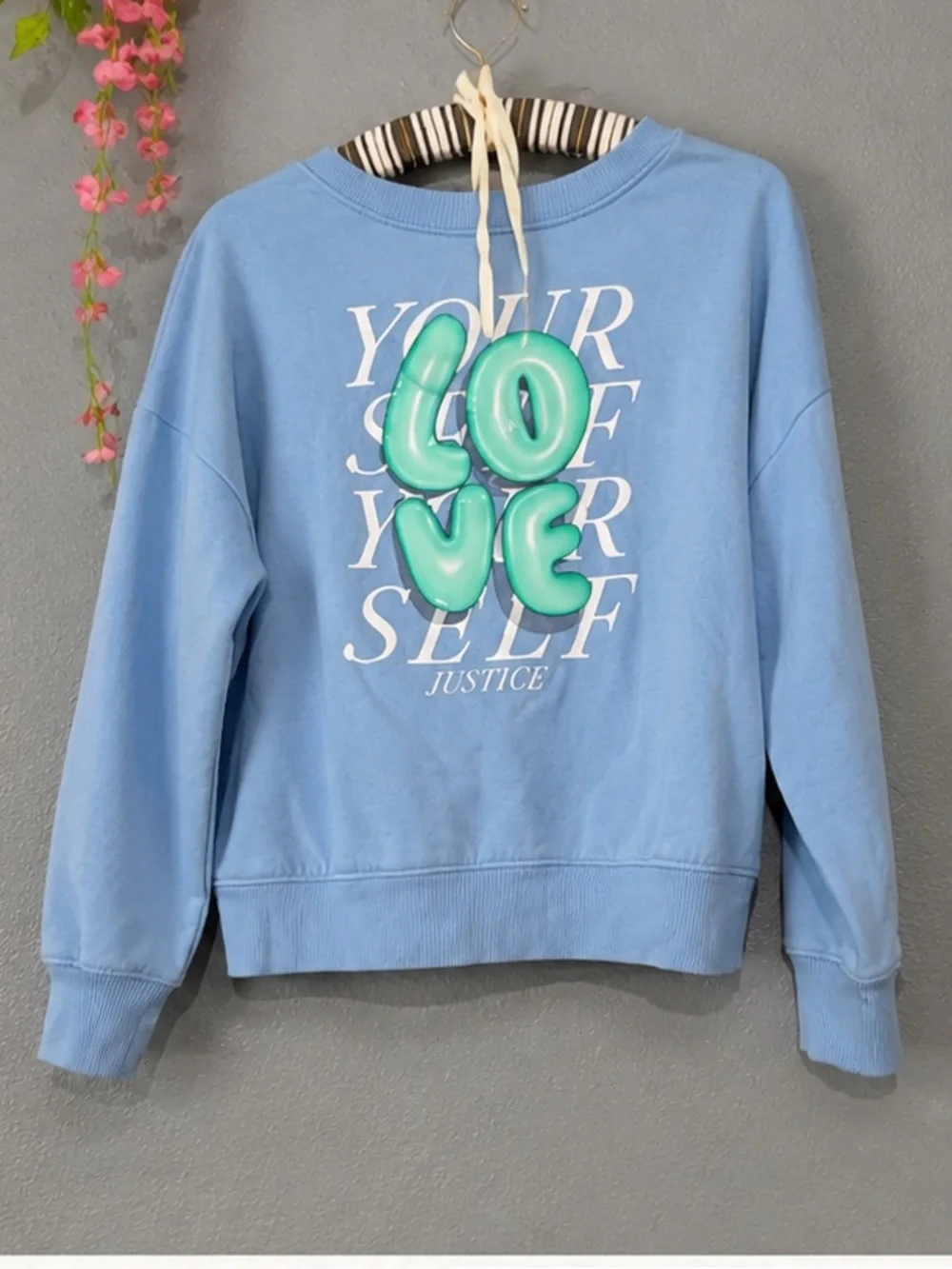 Justice Light Blue Sweatshirt with Mint Green Puffy 'Love Yourself' Graphic